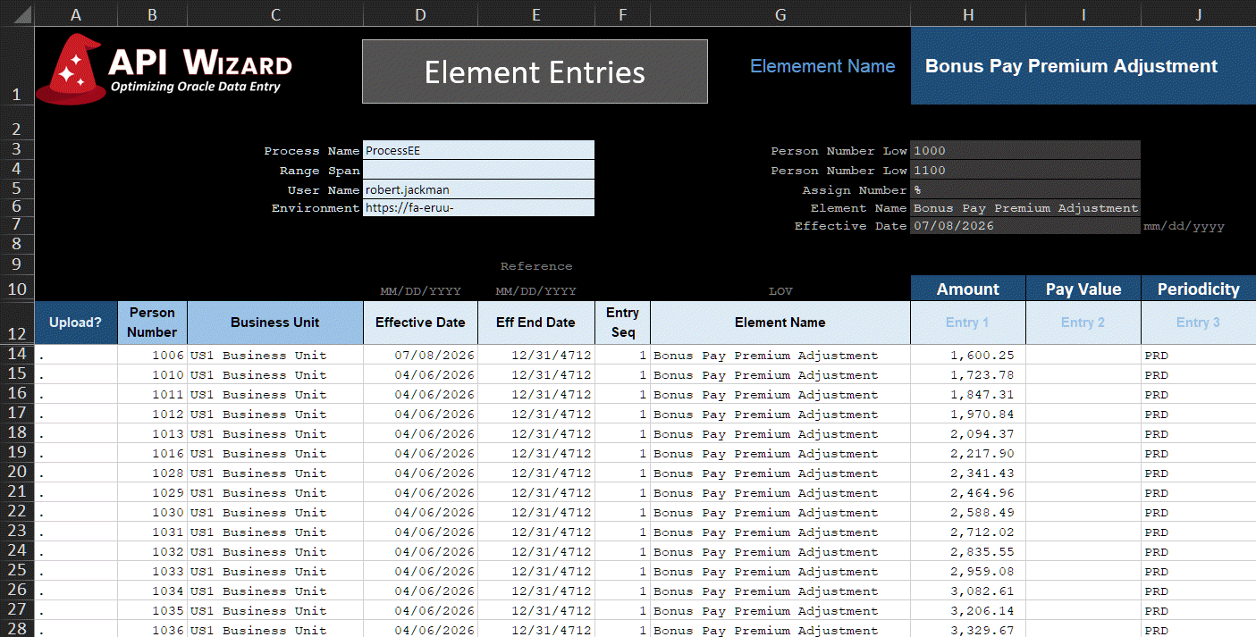 API Wizard Excel loader for Fusion Cloud HCM payroll element entries