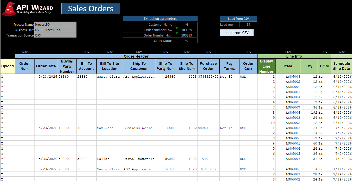 API Wizard Excel loader for Oracle sales orders, header and line detail